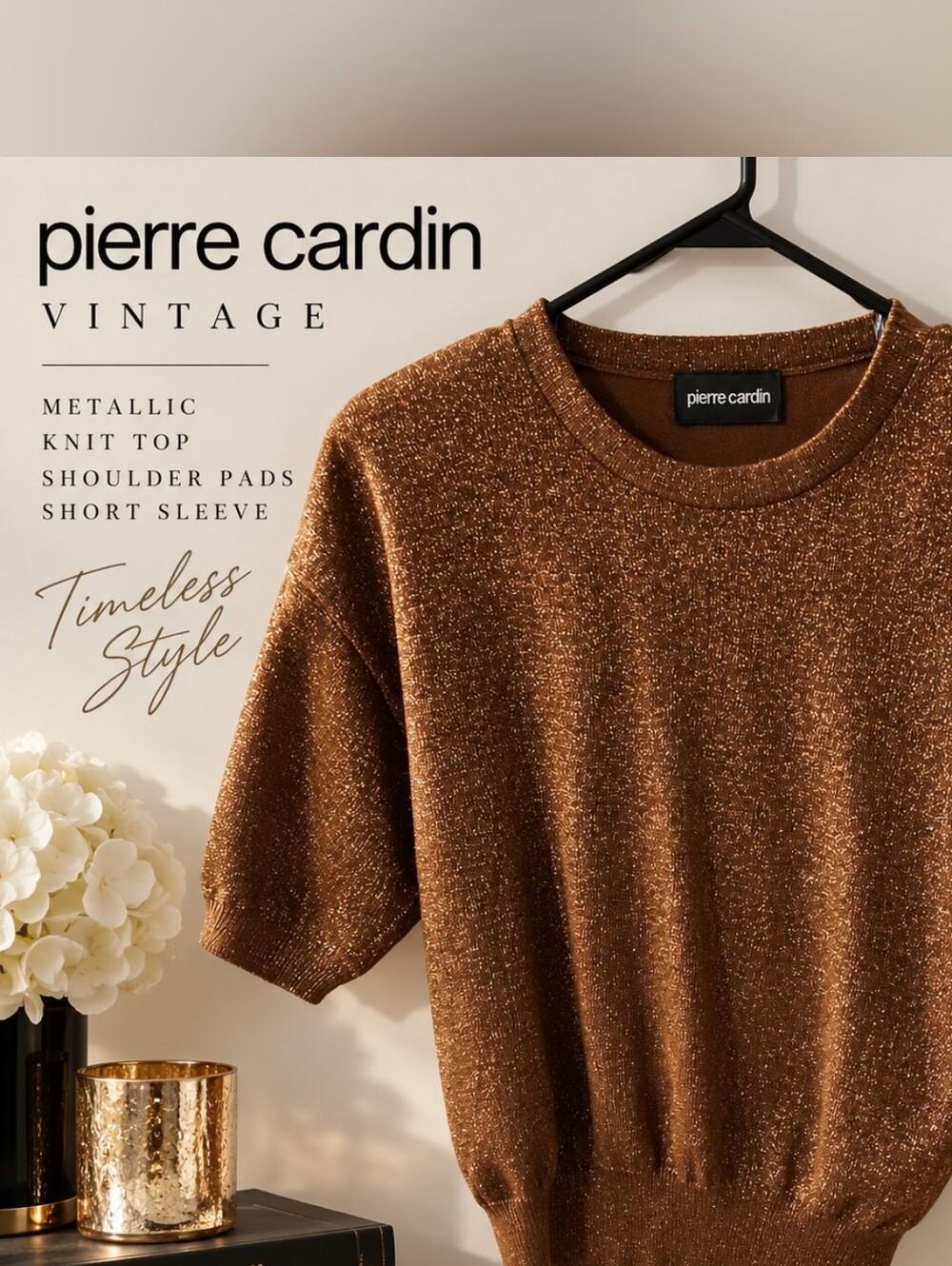 Vintage Pierre Cardin Metallic Bronze Knit Top Shoulder Pads Short Sleeve M